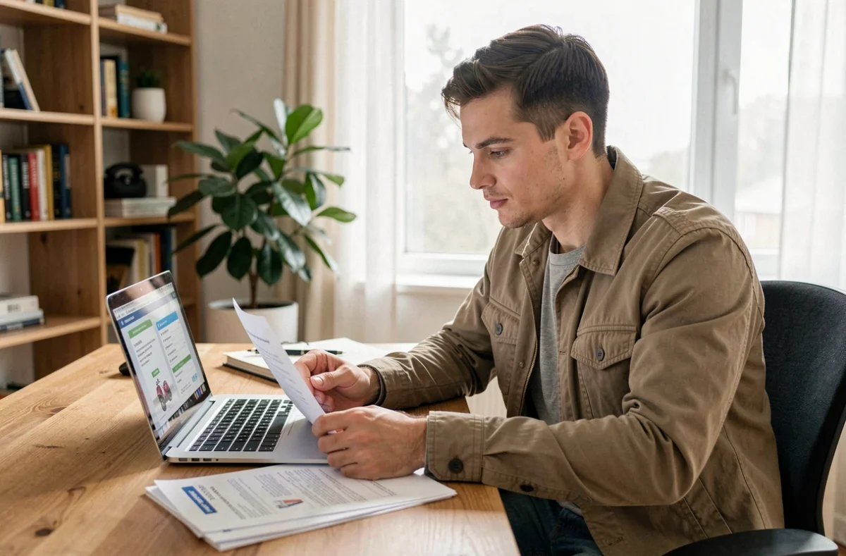 Jeune homme comparant des offres d'assurance scooter sur ordinateur portable avec des documents papier sur un bureau en bois