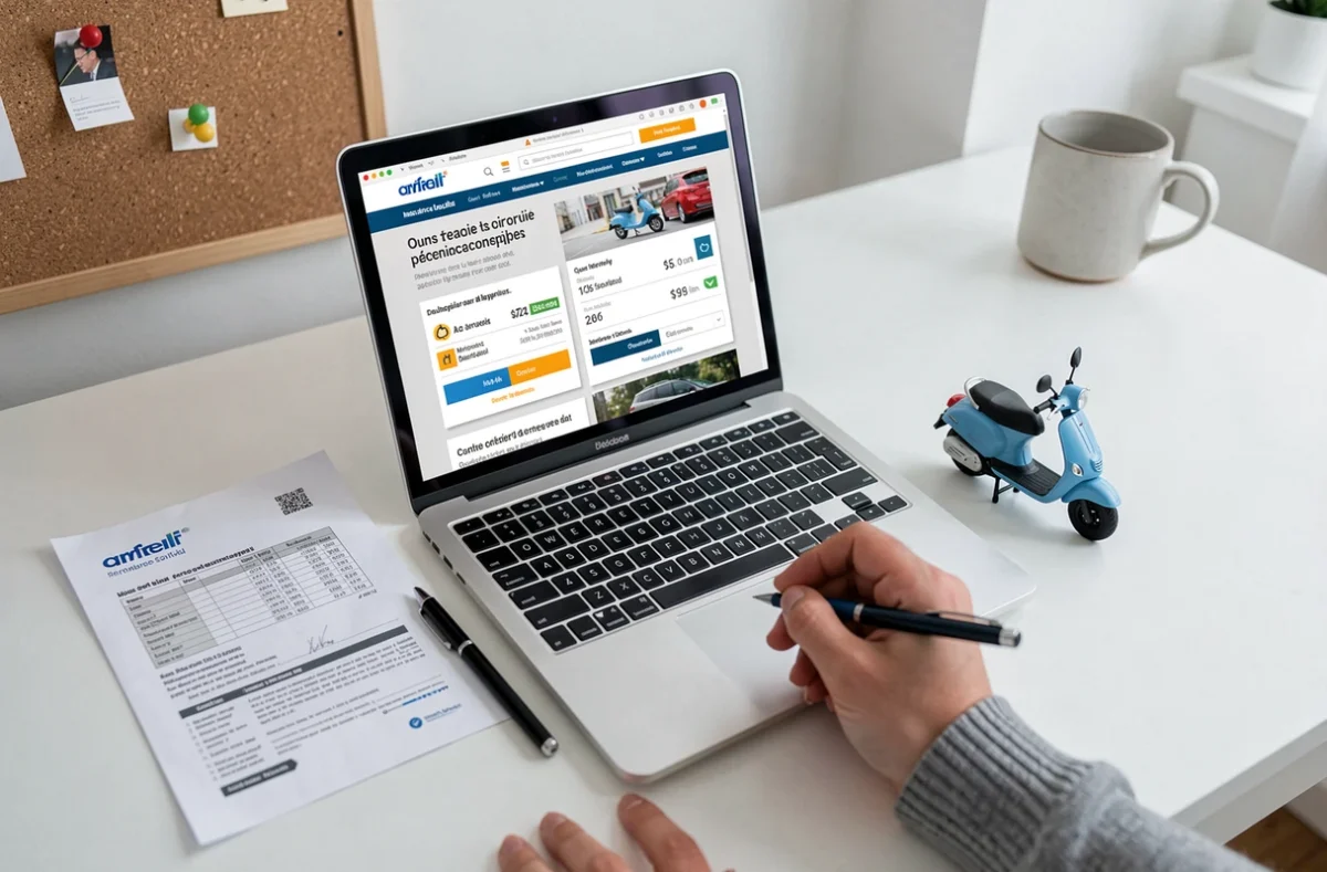 Ordinateur portable affichant un comparateur d'assurance scooter sur un bureau avec des documents tarifaires