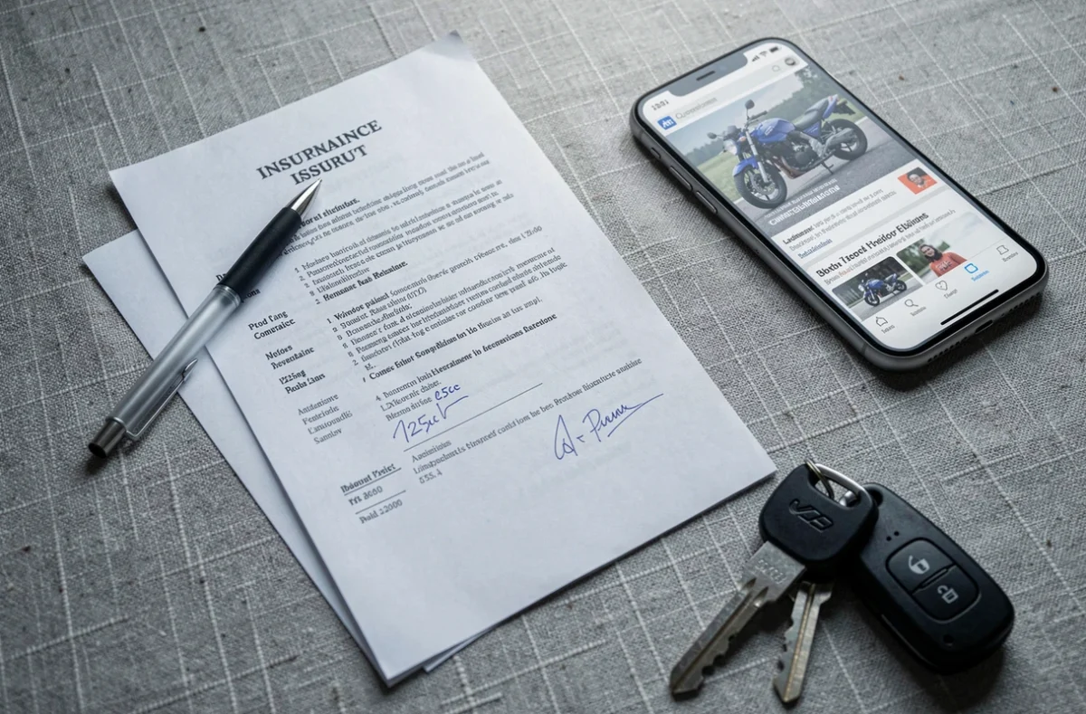 Documents d'assurance moto 125 sur un bureau avec clés de moto et smartphone affichant un comparateur de prix