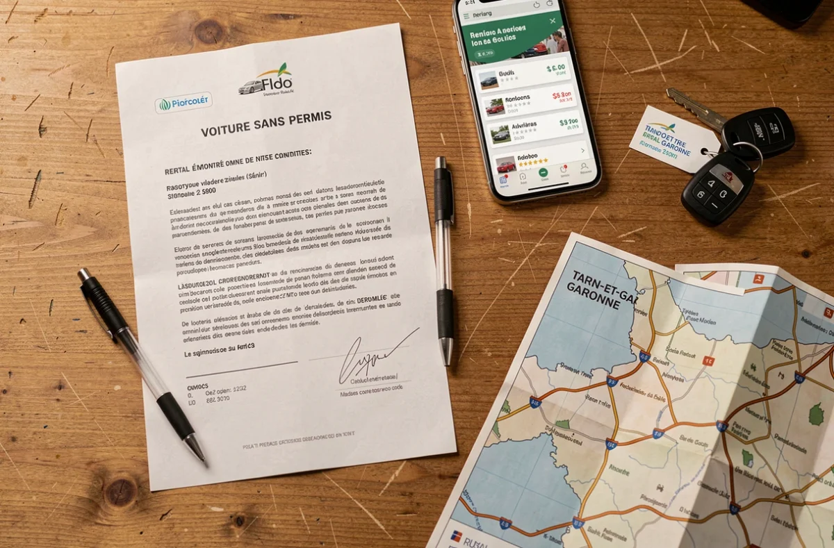 Contrat de location de voiture sans permis avec clés et tarifs sur un bureau à Montauban