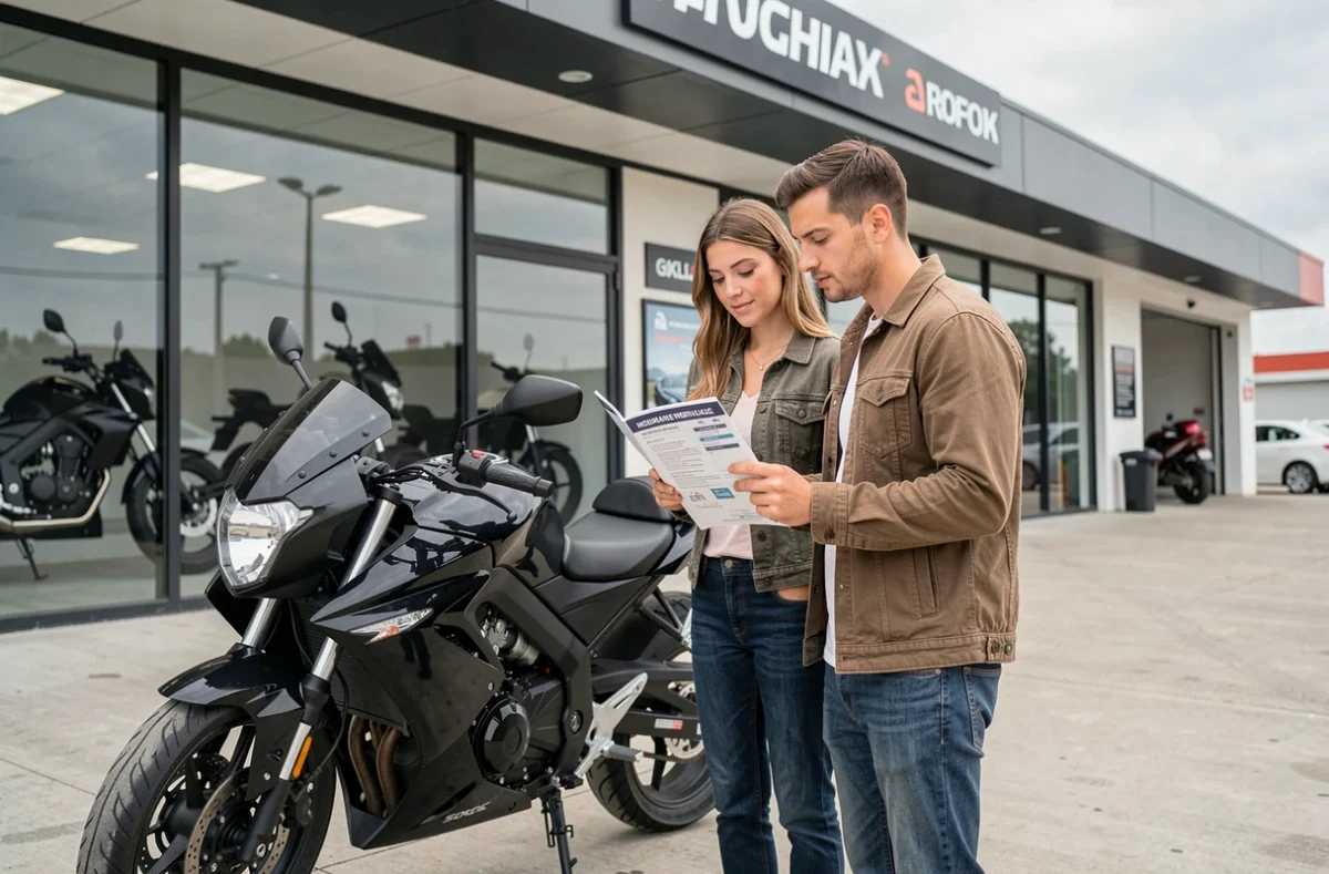 Couple discutant des options d'assurance moto 500cc devant une concession moto avec une brochure tarifaire