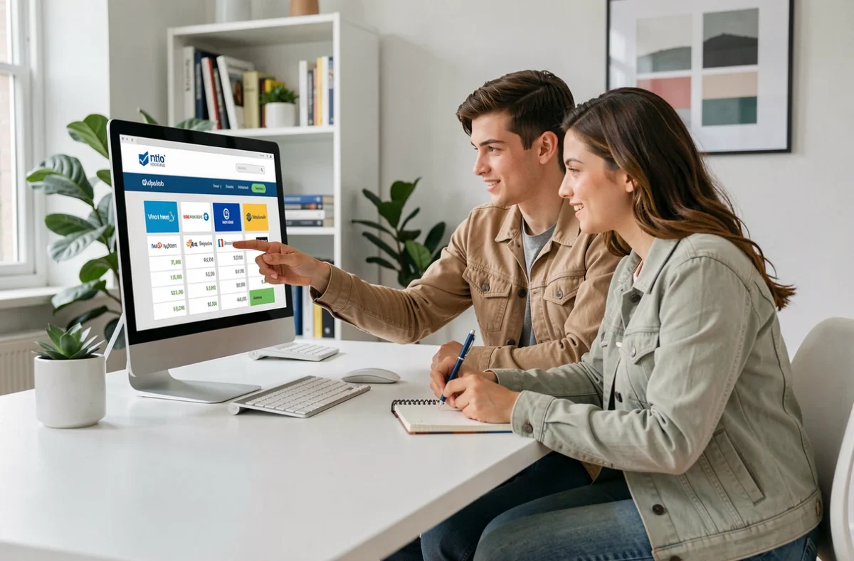 Couple comparant des offres d'assurance auto en ligne sur un ordinateur de bureau dans un bureau à domicile moderne