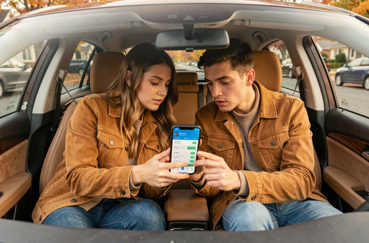 Couple consultant un comparateur d'assurance voiture sur smartphone assis dans leur véhicule