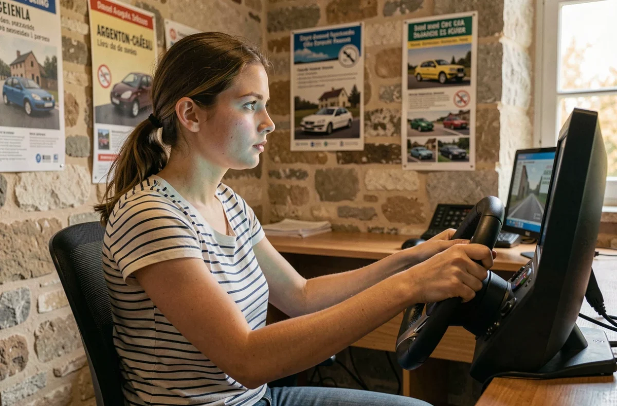 Une jeune femme utilisant un simulateur de conduite dans une auto-école rurale, illustrant Derouet Formation à Argenton-Château