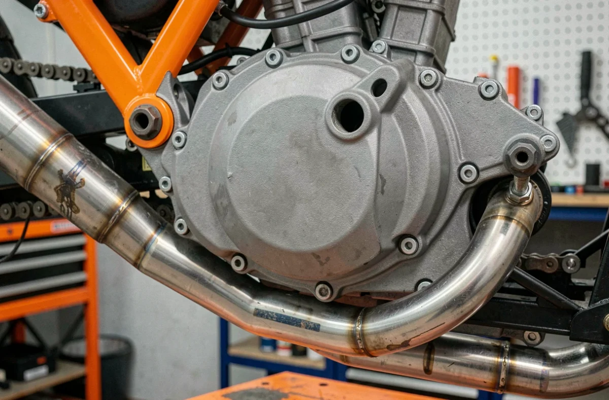 Gros plan sur le moteur et l'échappement de la KTM Duke 125 2026 pour contrôle technique d'occasion