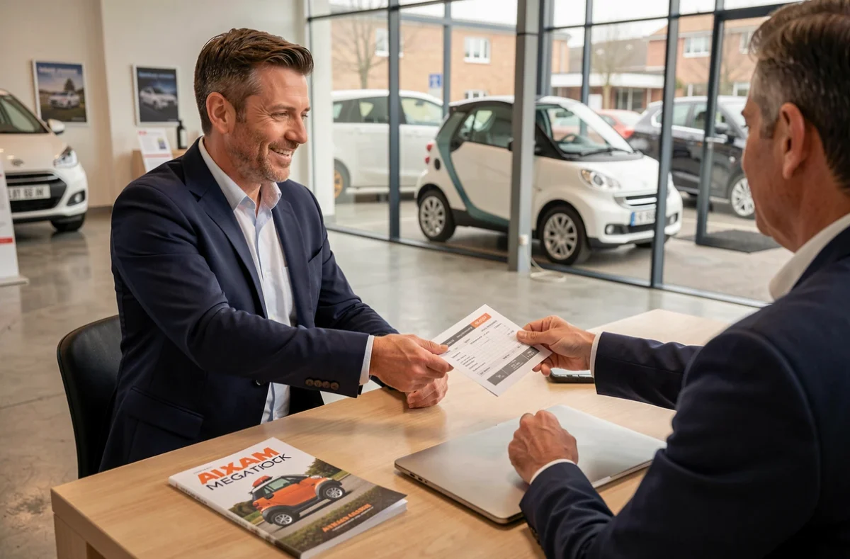 Conseiller commercial remettant un devis pour une Aixam Mega Track à un client en concession