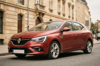 Vue trois-quarts avant d'une Renault Megane rouge garée en ville, mettant en valeur ses dimensions extérieures et sa silhouette compacte
