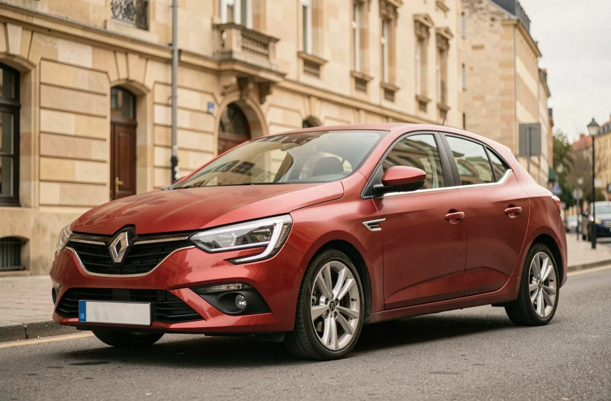 Vue trois-quarts avant d'une Renault Megane rouge garée en ville, mettant en valeur ses dimensions extérieures et sa silhouette compacte