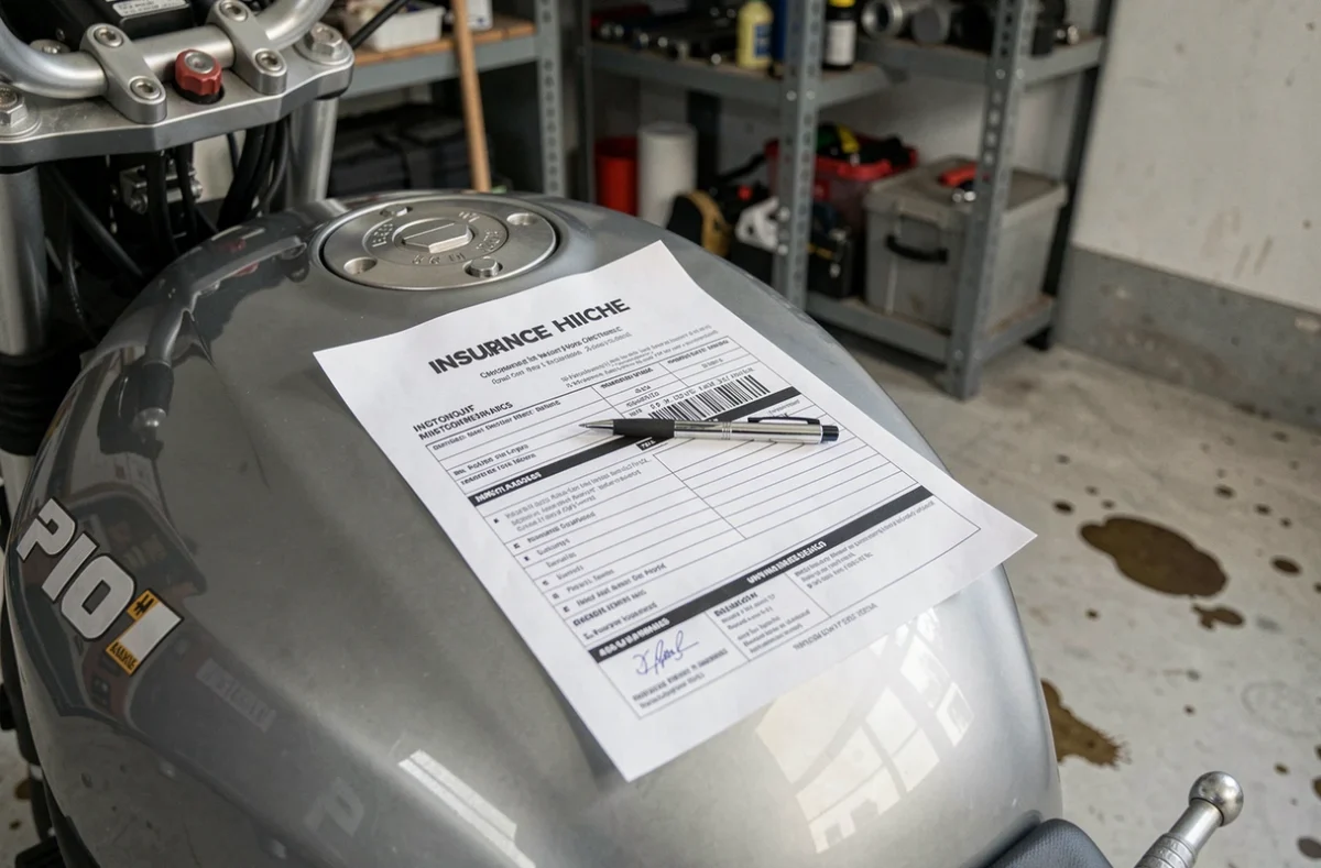 Document d'assurance moto posé sur le réservoir d'une moto 500cc dans un garage, symbolisant le prix et les démarches d'assurance