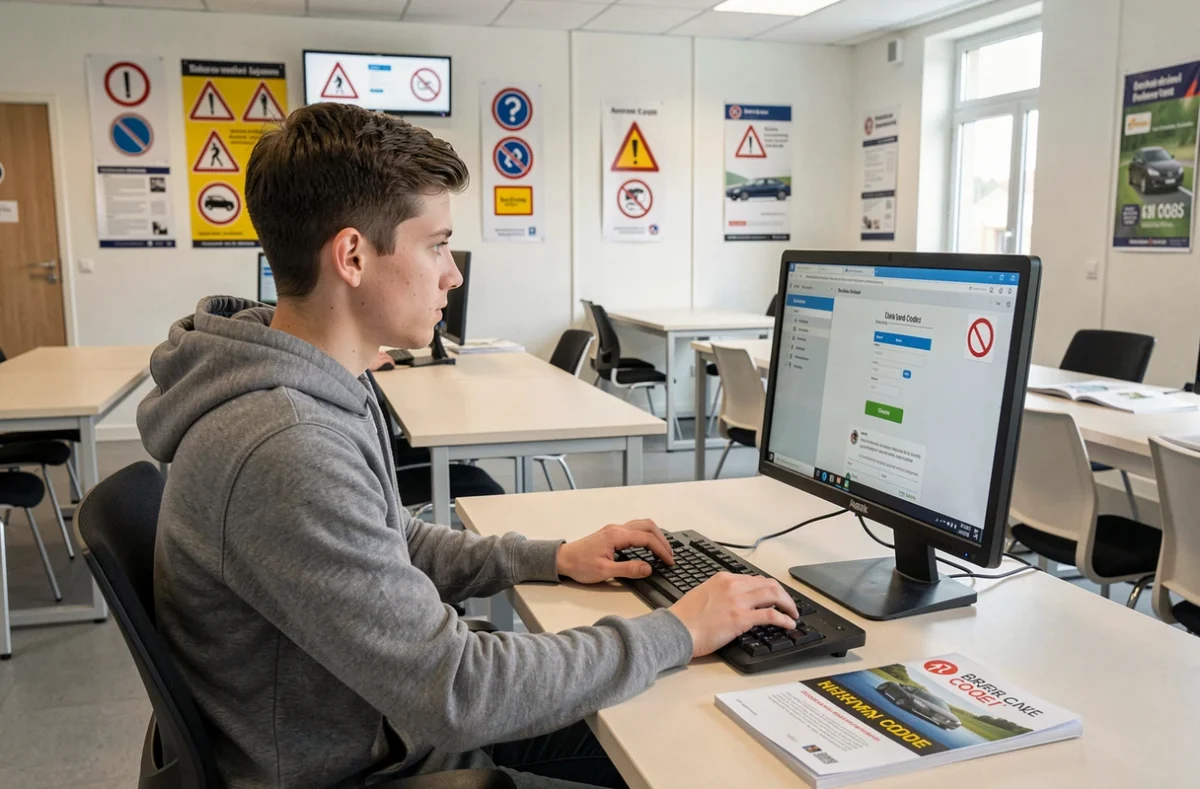 Élève passant l'examen du code de la route sur ordinateur dans les locaux de Drive, L'auto-École à Agen