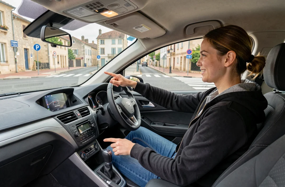Monitrice Myriam de Driving School Myriam à Agen guidant patiemment un élève à un carrefour de la ville