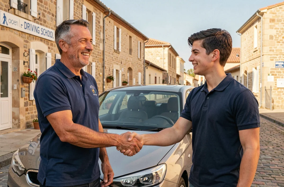 Le moniteur Philippe de Driving School Philippe à Agen félicitant un élève après l'obtention du permis de conduire