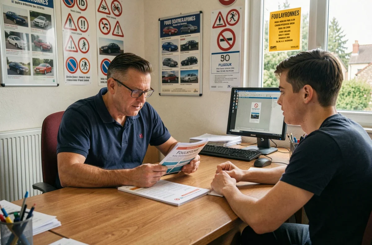 Moniteur de l'auto-école E.C. 21 à Foulayronnes révisant le code de la route avec un élève dans le bureau