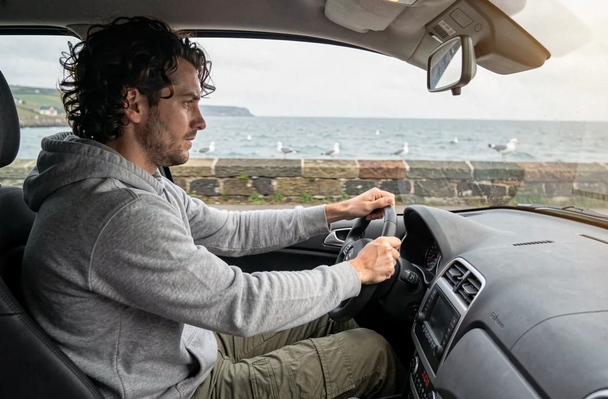 Jeune homme en essai de conduite d'une voiture sans permis sur la côte du Havre