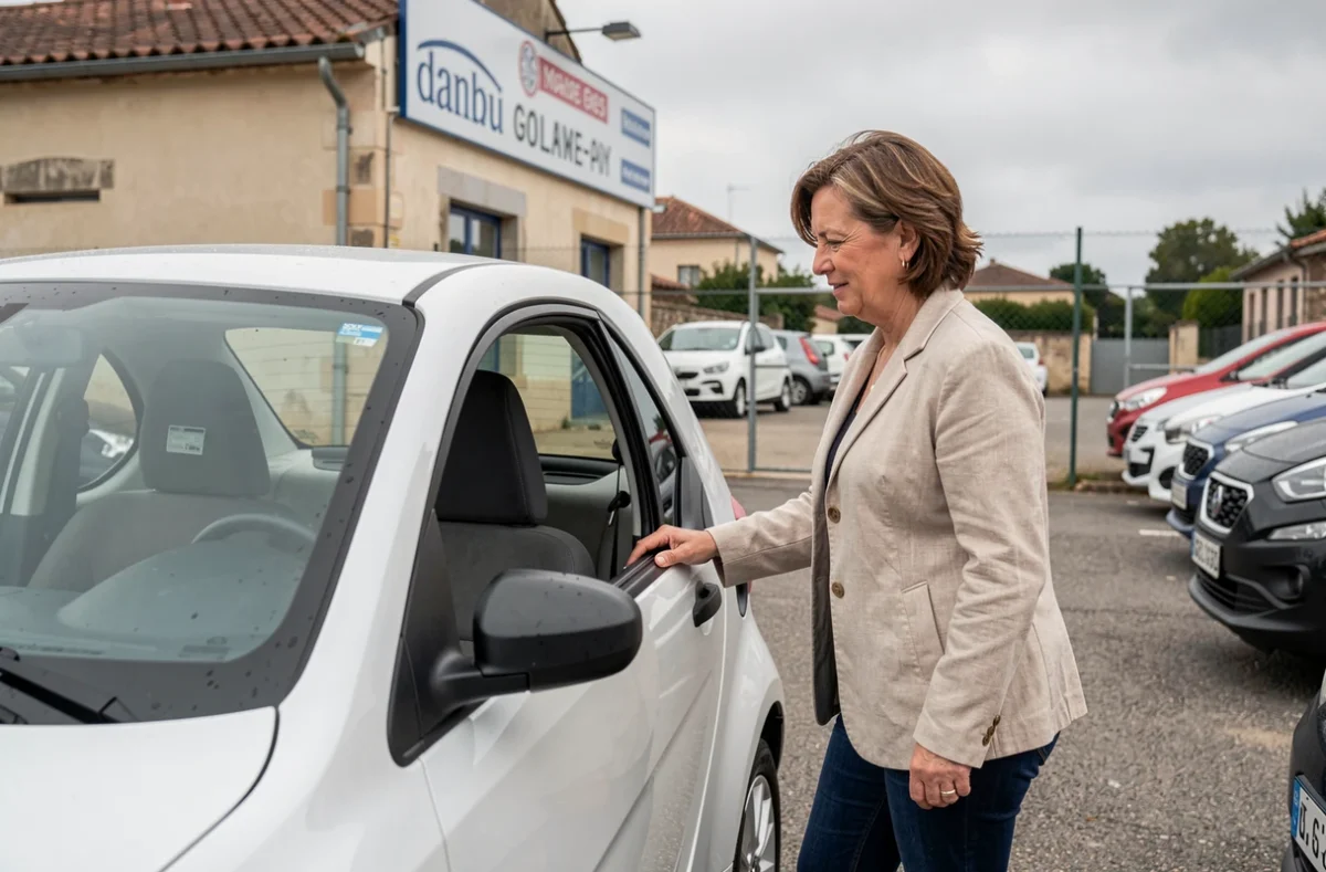 Femme inspectant une voiture sans permis d'occasion chez un concessionnaire à Pau