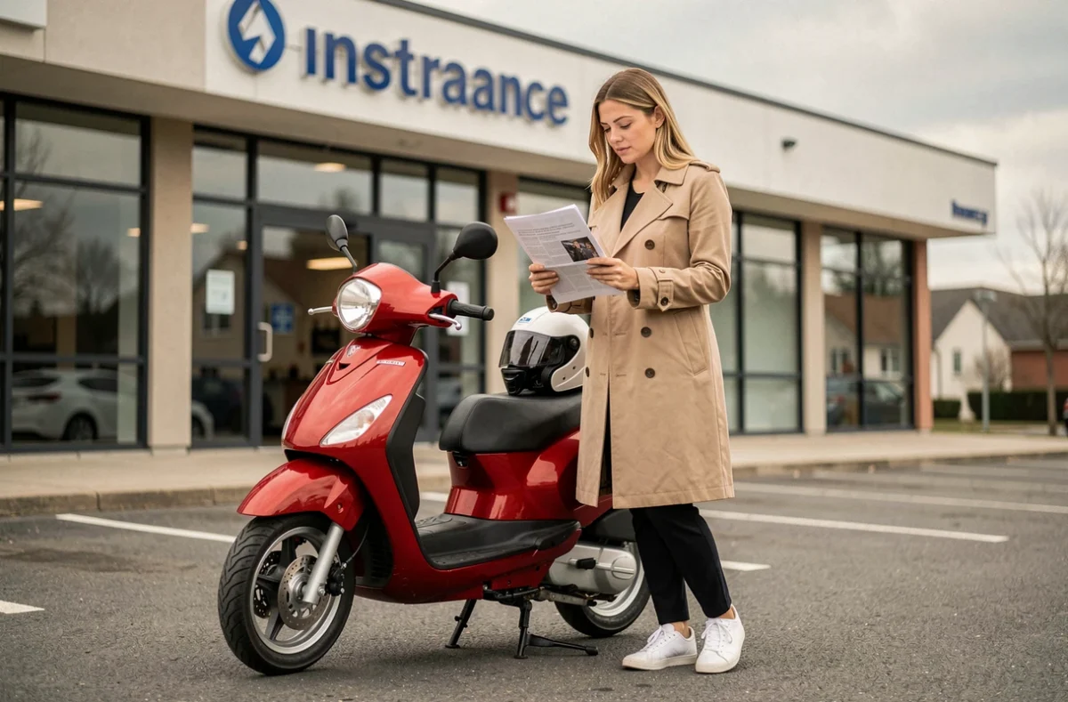 Femme tenant un document d'assurance debout à côté d'un scooter 125 rouge devant une agence d'assurance