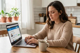 Femme utilisant un comparateur d'assurance auto en ligne sur son ordinateur portable dans une cuisine moderne