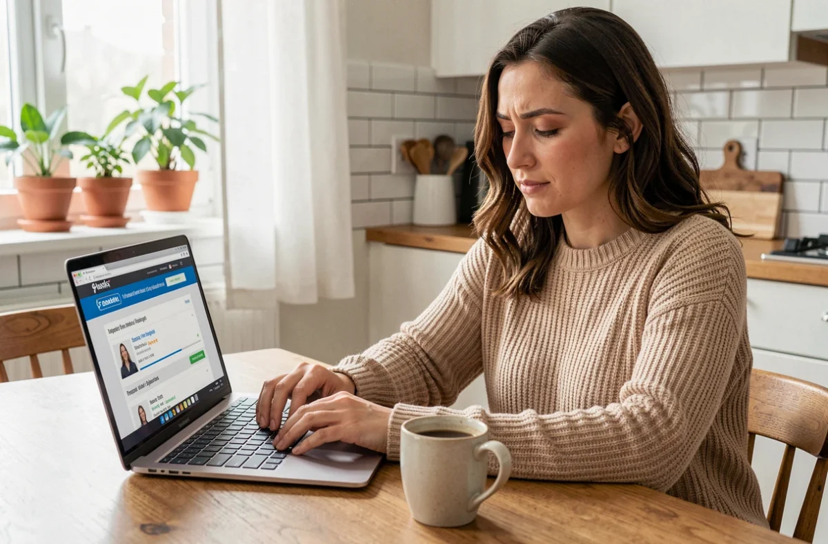 Femme utilisant un comparateur d'assurance auto en ligne sur son ordinateur portable dans une cuisine moderne