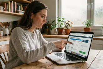 Femme comparant des offres d'assurance voiture en ligne sur son ordinateur portable à la maison