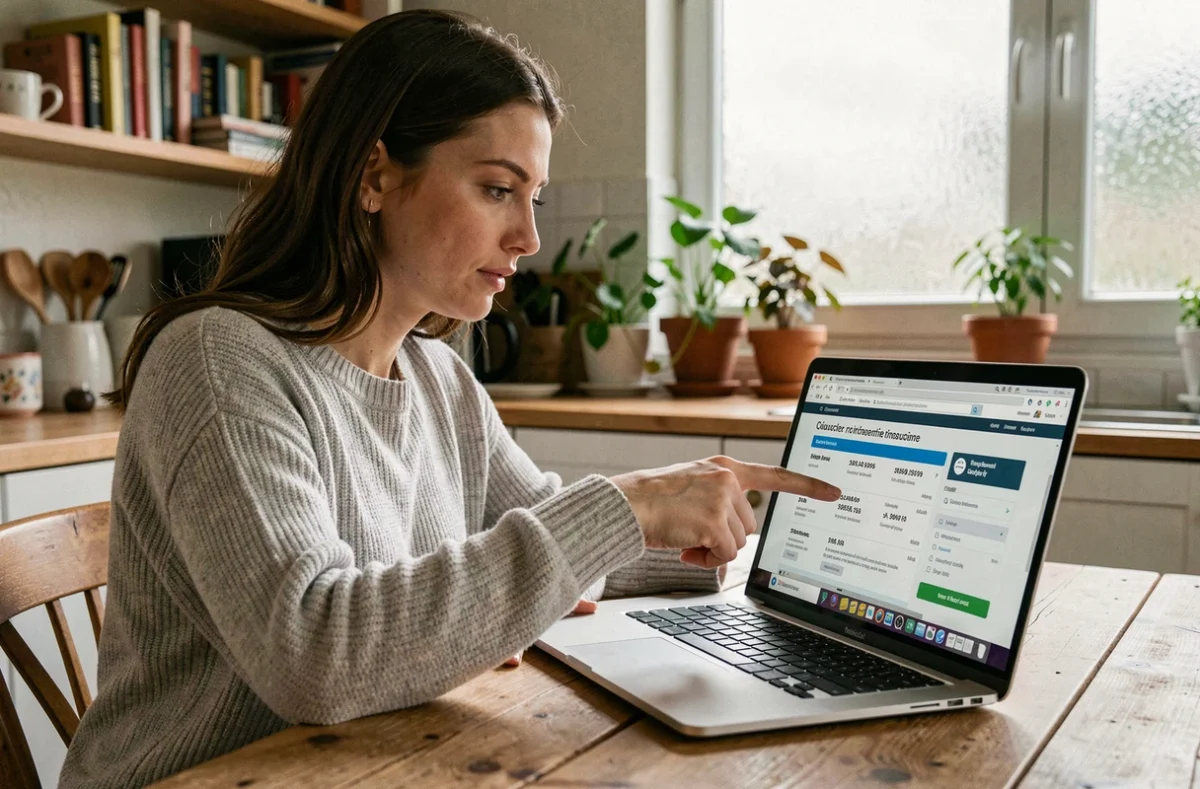 Femme comparant des offres d'assurance voiture en ligne sur son ordinateur portable à la maison