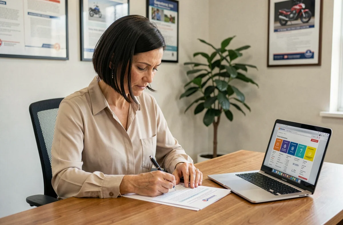 Femme consultant un contrat d'assurance moto dans un bureau d'agence à Strasbourg avec un ordinateur portable ouvert