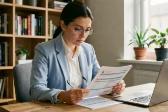 Femme consultant un contrat d'assurance voiture pour comprendre la franchise