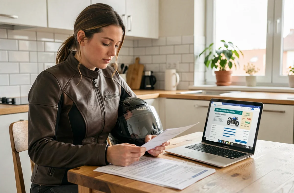 Femme motarde comparant des devis d'assurance moto 500cc à son domicile avec des documents imprimés et un ordinateur portable