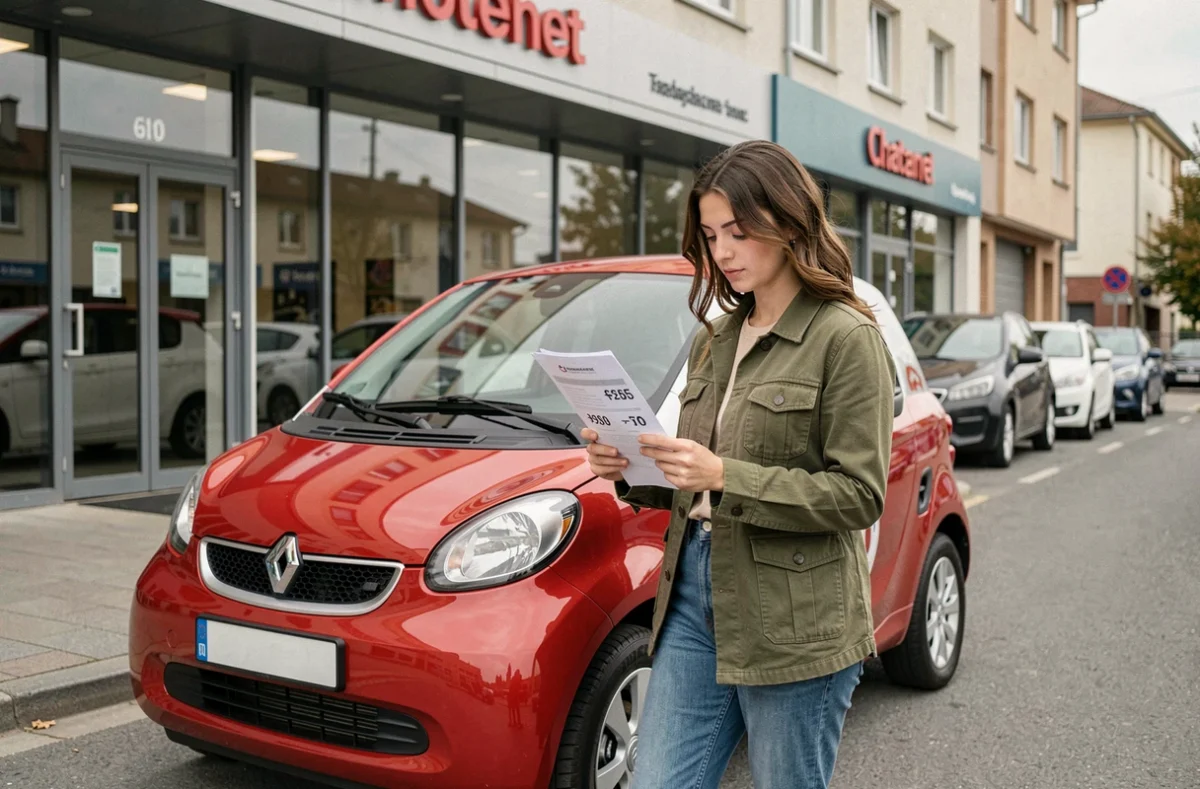 Jeune femme consultant le tarif d'une Chatenet devant une concession automobile