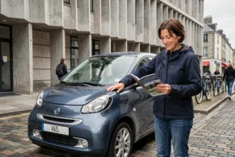 Femme comparant des modèles de voitures sans permis dans une rue du Havre