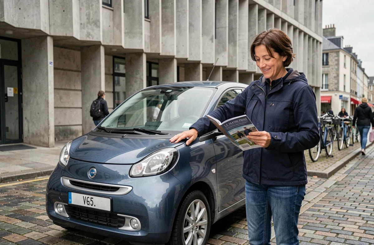 Femme comparant des modèles de voitures sans permis dans une rue du Havre