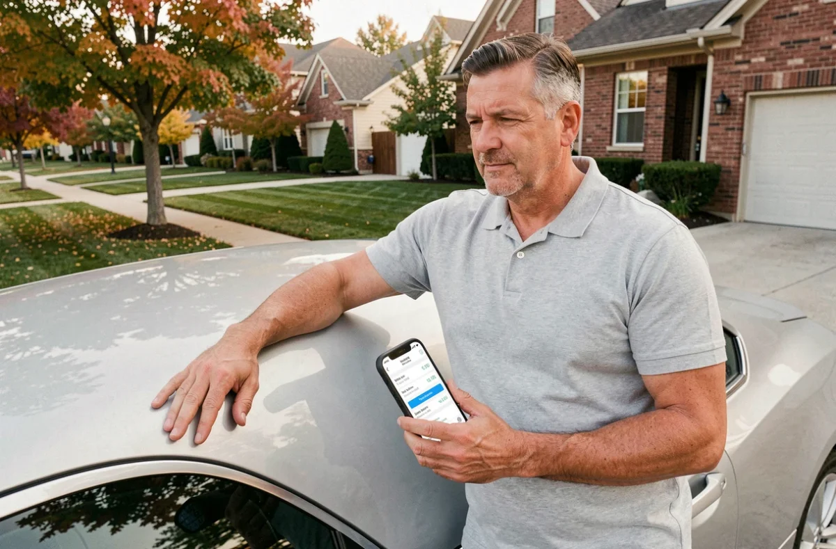 Homme consultant un comparateur d'assurance auto sur smartphone appuyé contre sa voiture dans une allée résidentielle