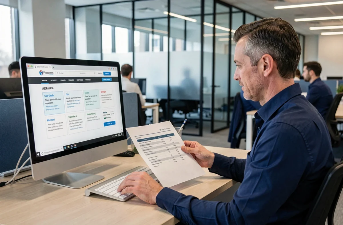 Homme en entreprise consultant un comparateur d'assurance automobile en ligne avant de souscrire
