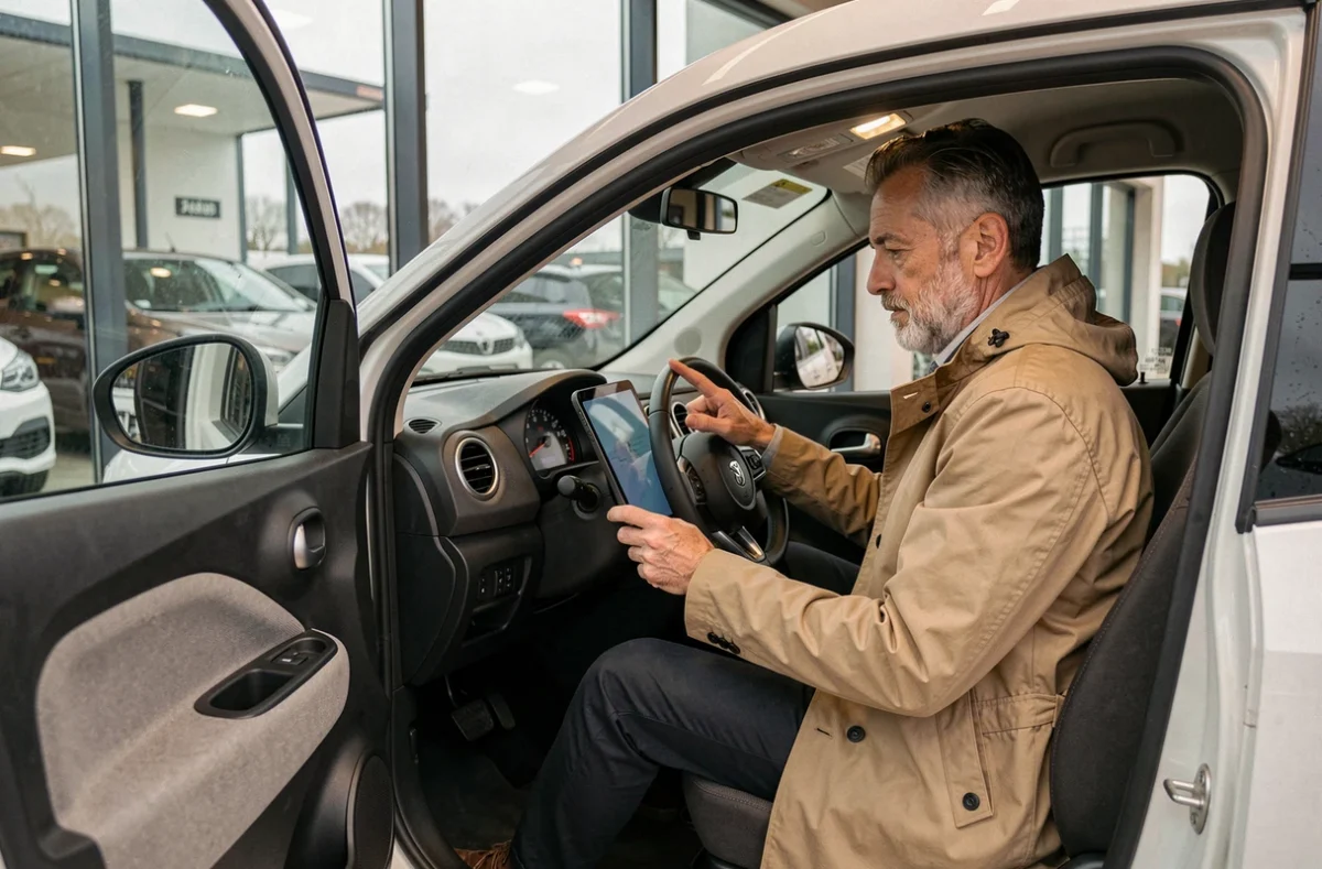 Homme en concession examinant une voiture sans permis au Havre
