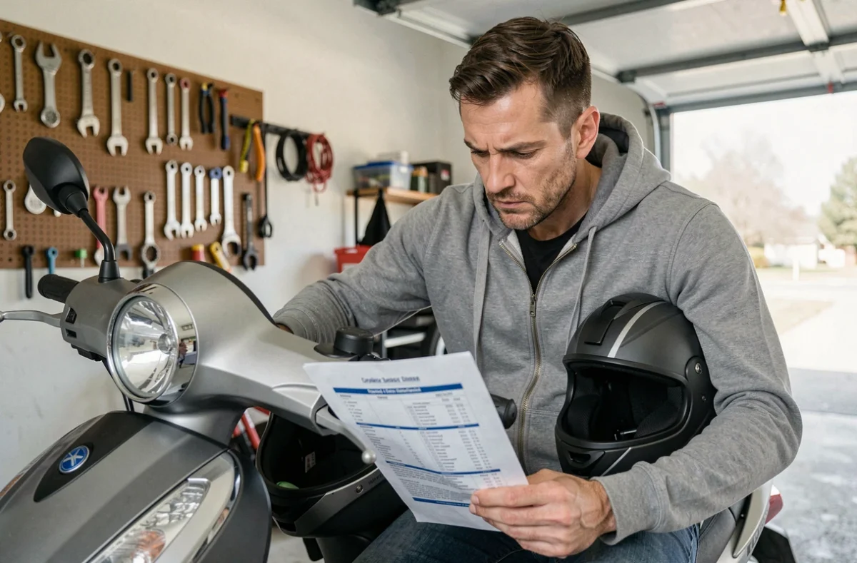 Homme en garage avec casque de scooter consultant un comparatif d'offres d'assurance imprimé