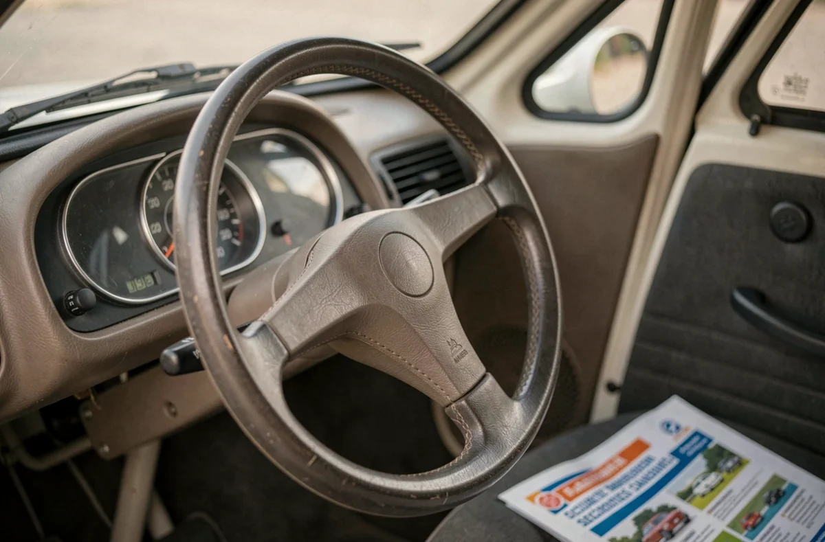 Intérieur d'une voiture sans permis avec brochure de sécurité routière sur le siège passager, tableau de bord minimaliste