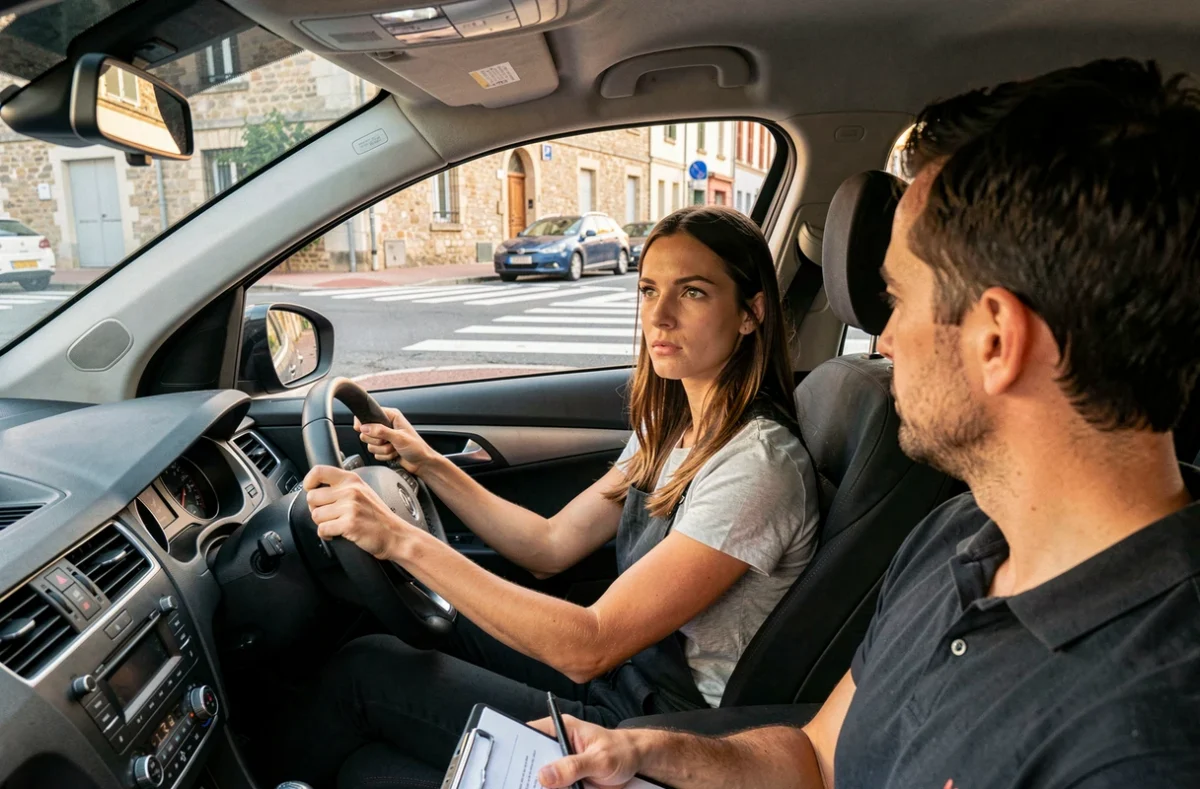 Élève de l'auto-école Jasmin à Agen concentrée au volant d'une voiture à double commande à une intersection