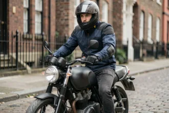 Jeune homme en équipement moto assis sur une 125cc noire dans une rue urbaine, illustrant l'assurance moto 125