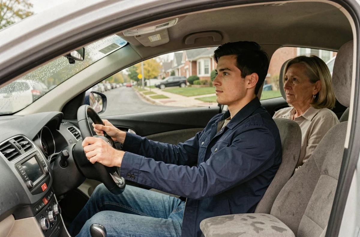 Jeune conducteur au volant accompagné de sa mère, illustrant l'assurance jeune conducteur sur le contrat parental