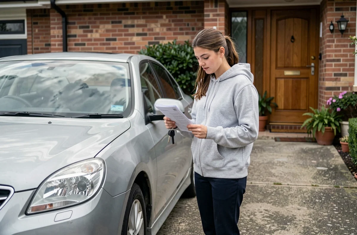 Jeune femme tenant un contrat d'assurance auto devant une voiture familiale dans une allée résidentielle