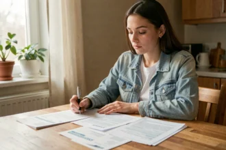 Jeune femme comparant des devis d'assurance auto pour sa première voiture à la maison
