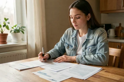 Jeune femme comparant des devis d'assurance auto pour sa première voiture à la maison