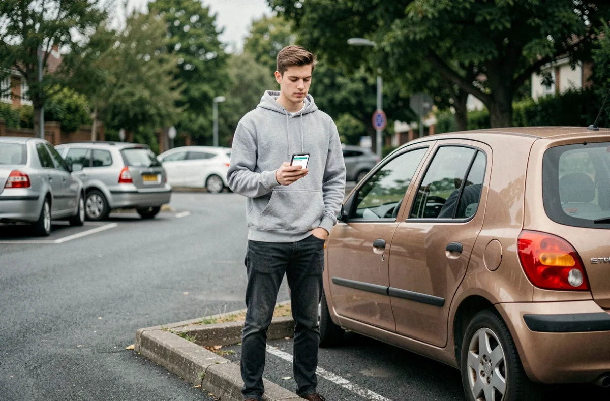 Jeune homme consultant son téléphone pour trouver une assurance auto pas chère pour sa première voiture
