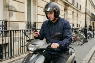Jeune homme casqué sur un scooter urbain consultant son téléphone pour comparer les assurances scooter