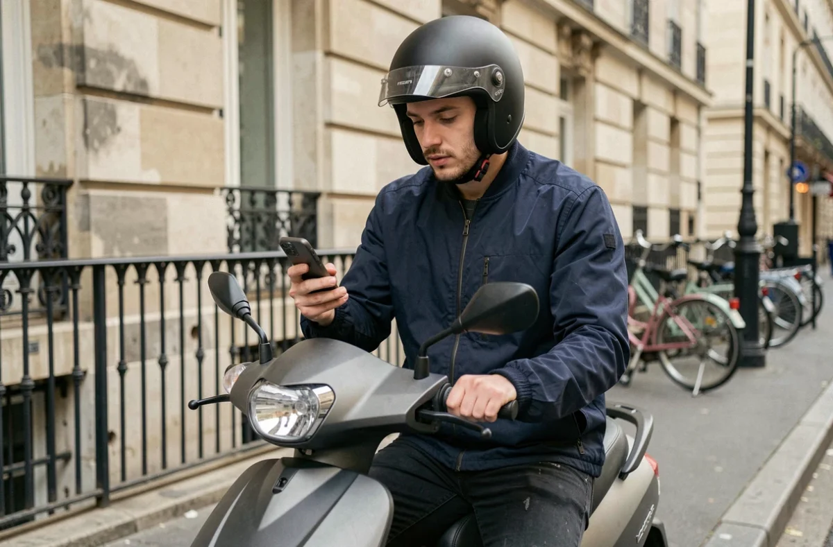 Jeune homme casqué sur un scooter urbain consultant son téléphone pour comparer les assurances scooter