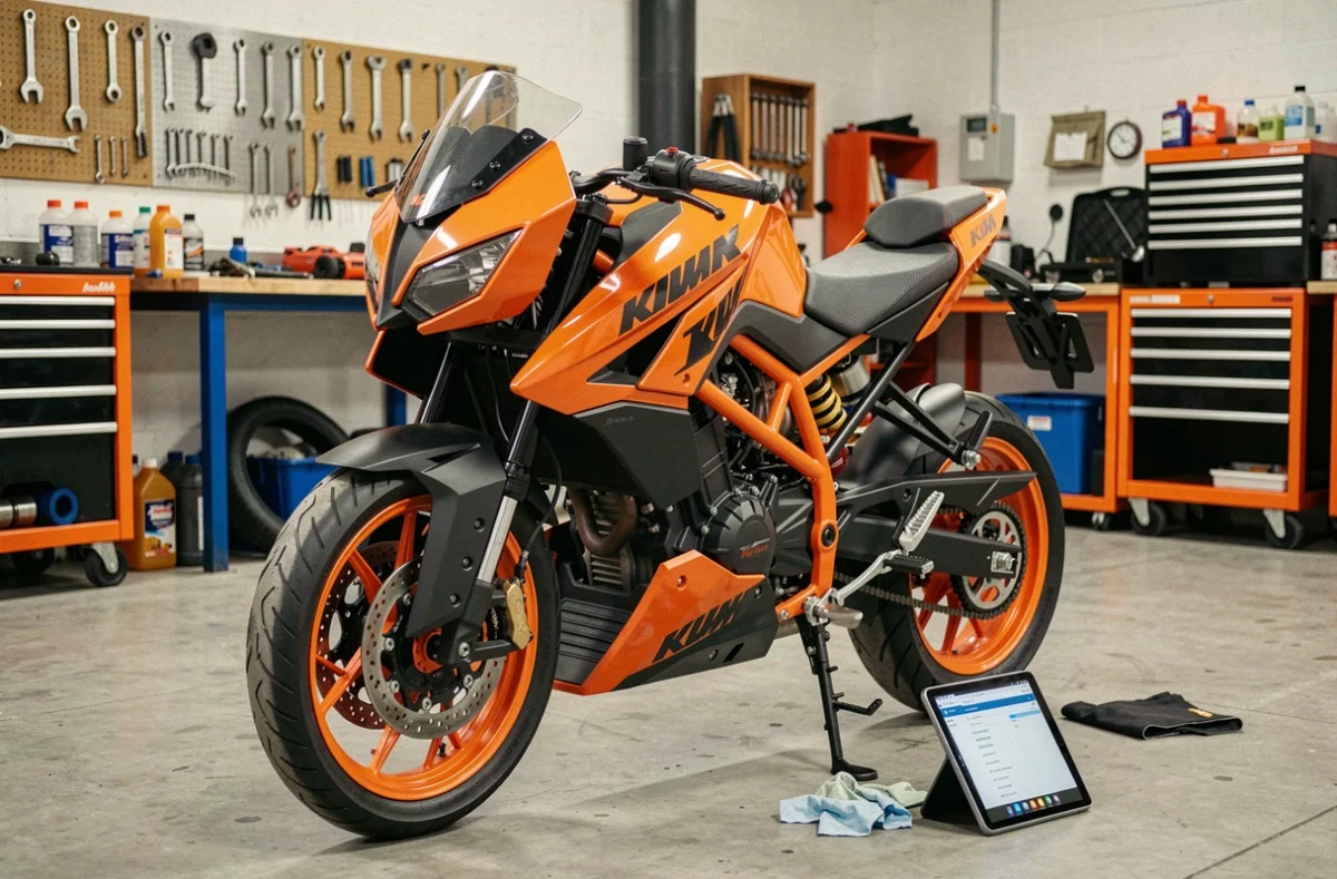 KTM Duke 125 2026 garée dans un atelier mécanique pour inspection avant achat d'occasion