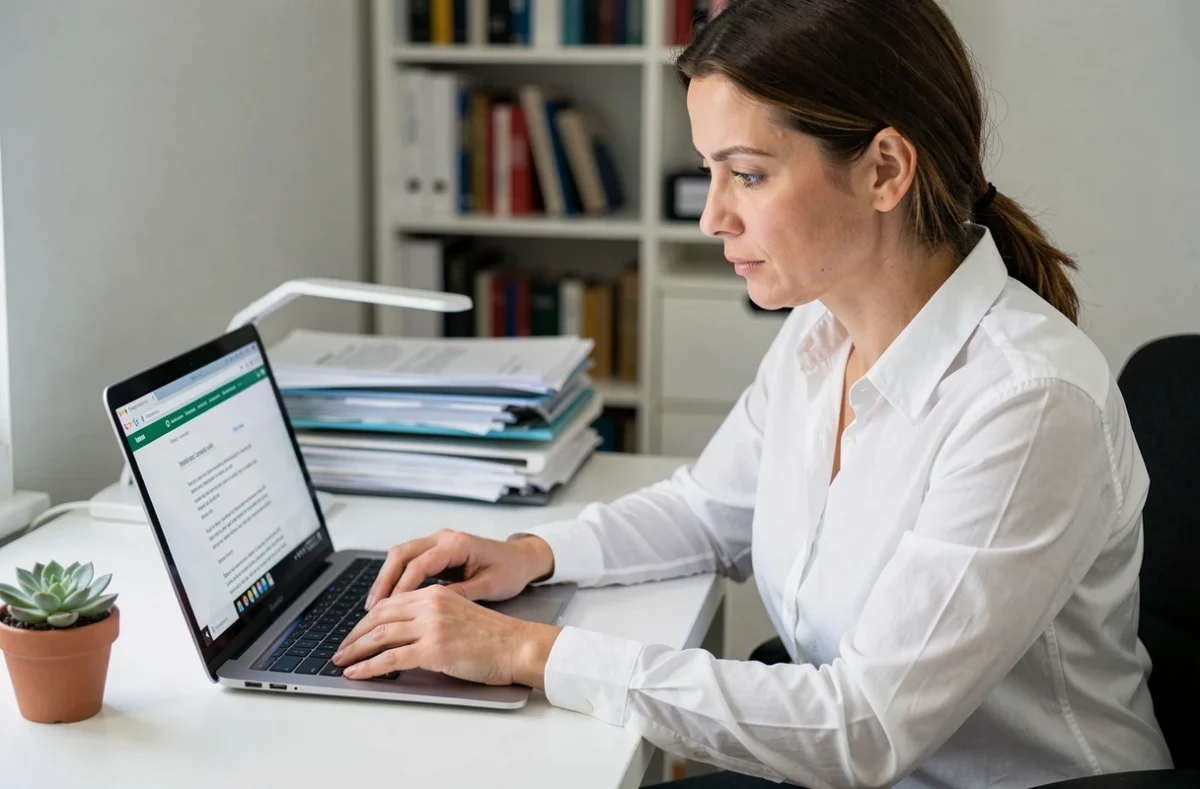 Femme rédigeant une lettre de résiliation d'assurance voiture sur ordinateur dans un bureau à domicile