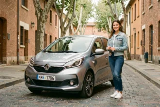 Jeune femme à côté d'une voiture sans permis garée dans une rue de Montauban