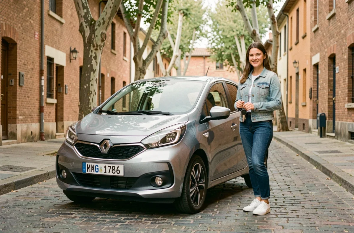 Jeune femme à côté d'une voiture sans permis garée dans une rue de Montauban
