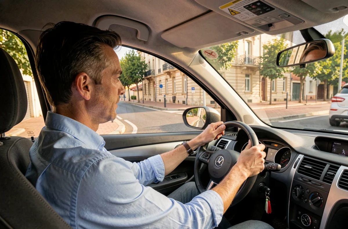 Moniteur de l'auto-école Martinez à Agen observant son élève conduire sur un boulevard de la ville