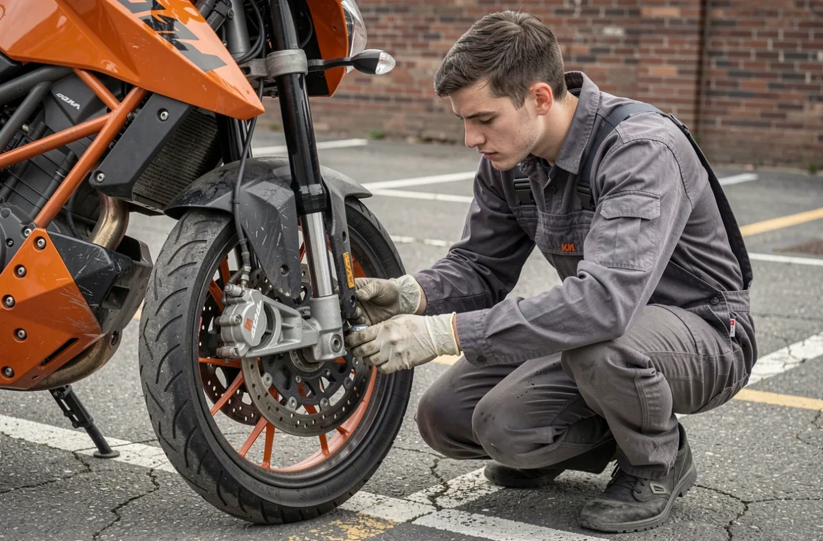 Mécanicien inspectant la fourche et le frein avant d'une KTM Duke 125 2026 d'occasion